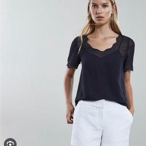 Reiss Porto Navy Scallop Edge Embroidered chiffon blouse in size 0